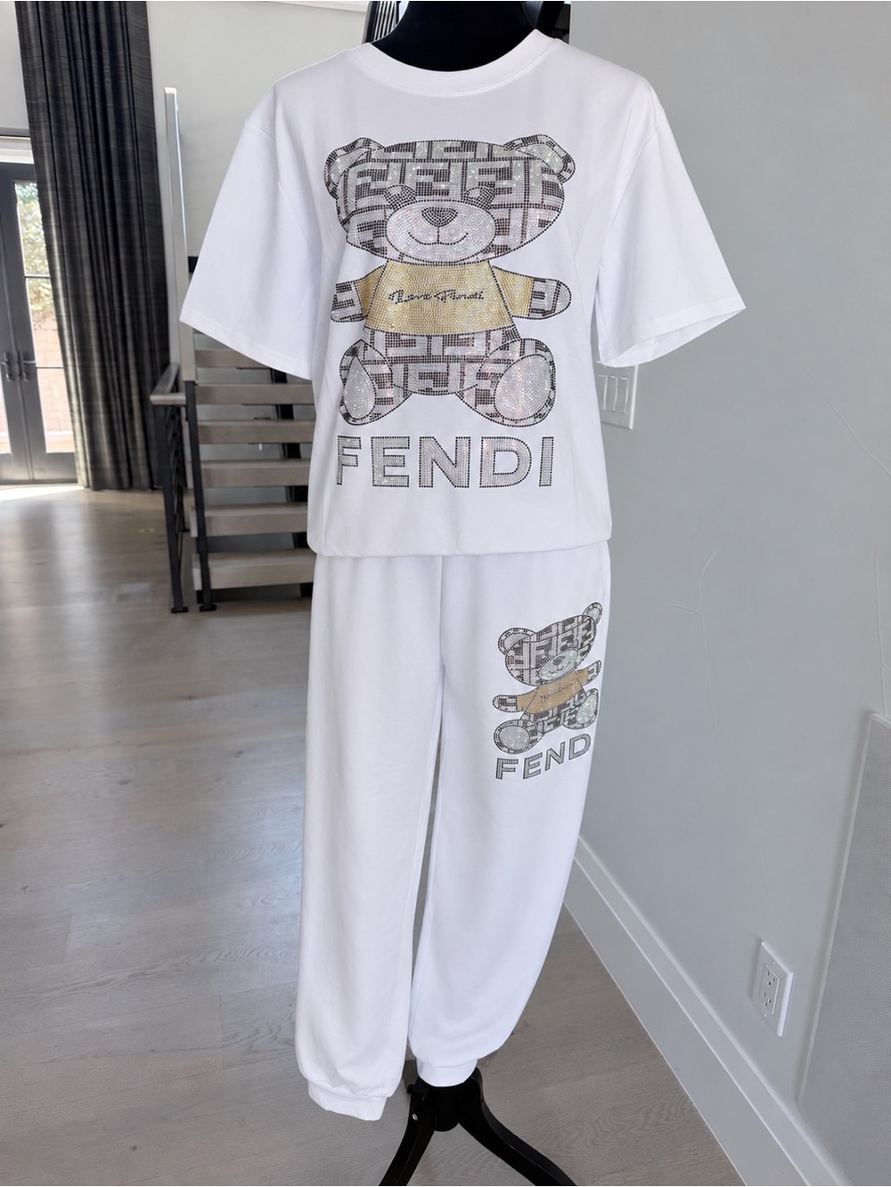 White Teddy Logo Two Piece Matching Track Set with Gold Accent size S